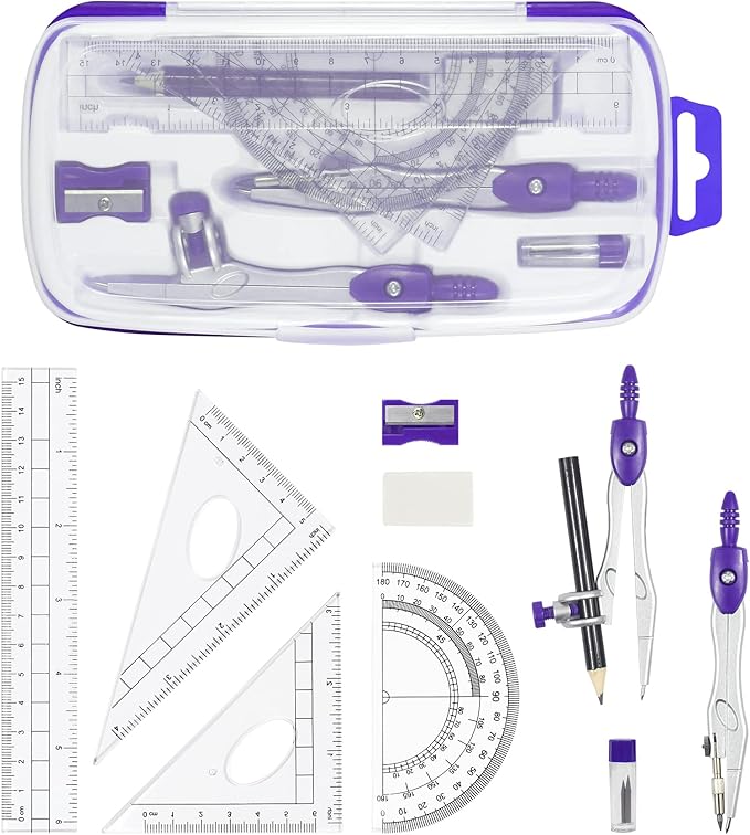 Math Geometry Kit Sets 10 Piece Student Supplies with Shatterproof Storage Box,Includes Rulers,Protractor,Compass,Eraser,Pencil Sharpener,Lead Refills,Pencil,for Drafting and Drawings(Purple)-DeskLoop Office