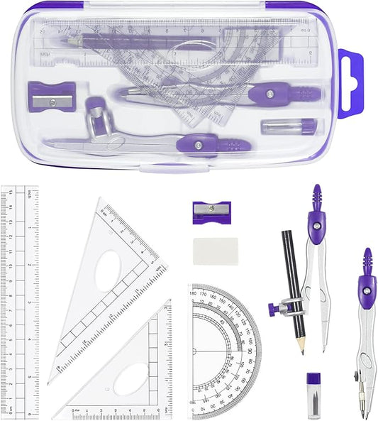 Math Geometry Kit Sets 10 Piece Student Supplies with Shatterproof Storage Box,Includes Rulers,Protractor,Compass,Eraser,Pencil Sharpener,Lead Refills,Pencil,for Drafting(Purple)-DeskLoop Office