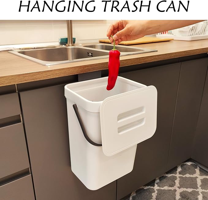 stonespace Hanging Trash Can, 3.2 Gallon/12L Small Waste Bin with Lid for Kitchen Cabinet Door or Under Sink, Bathroom Trash Bin with Lid, Food Waste Bin, 1 Pack White-DeskLoop Office