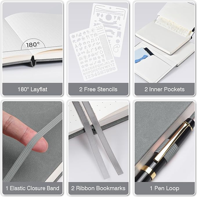 Bullet Dotted Journal Notebook 3 Pack, A5 Dotted Journal with 120gsm Paper, Leather Dotted Notebook, Hardcover Dot Grid Notebook Each with 156 Nmubered Pages, Dot Journal for Women, Men 5.75" × 8.38"-DeskLoop Office