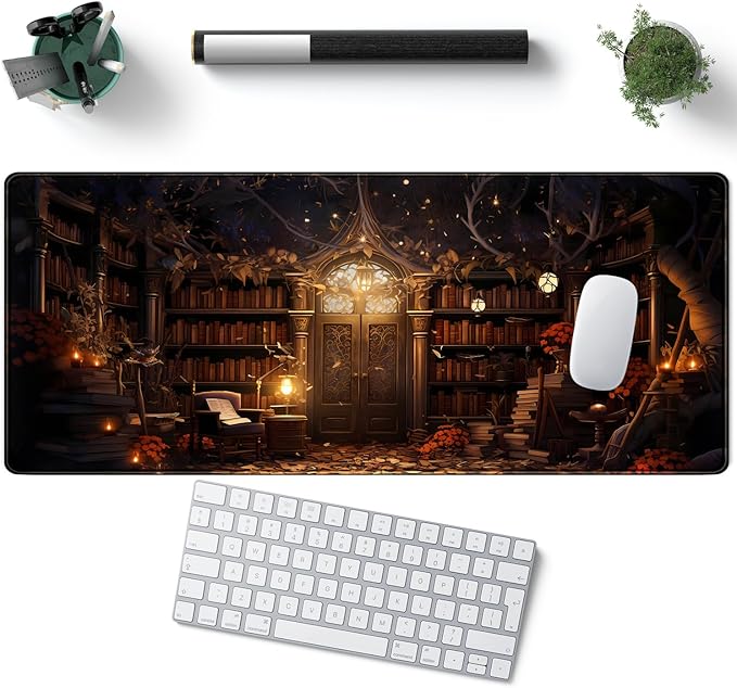 Vintage Desk Pad Magical Bookshelf Desk Mat Extra Large Big Office Mouse Pad Gaming with Stitched Edges Large Mousepad Home Office Gaming Work Computers Laptop Desk Accessories 31.5x11.8in-DeskLoop Office