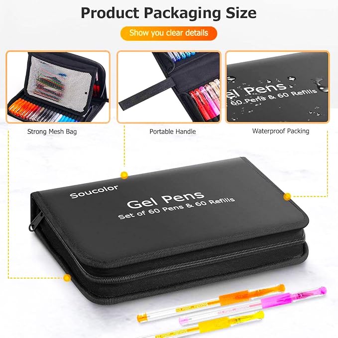 Soucolor Glitter Gel Pens for Adult Coloring Books, Back to School Supplies, 120 Pack-60 Glitter Pens, 60 Refills and Travel Case, 40% More Ink Markers Set for Drawing Doodling Journaling Art Supplies-DeskLoop Office