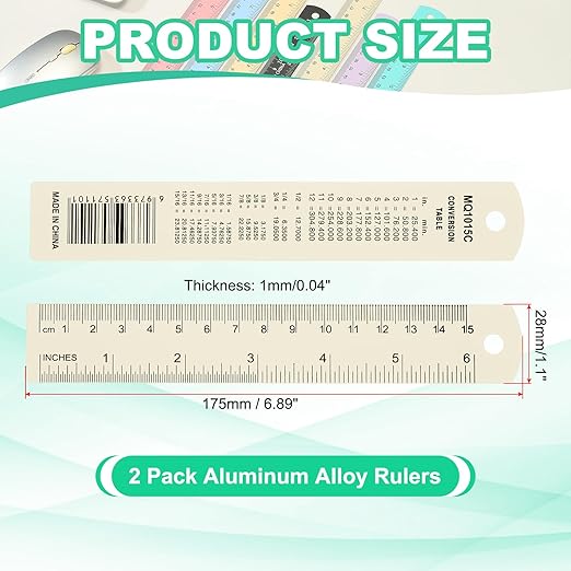 PATIKIL 15cm/6" Metal Ruler, 2 Pack Aluminum Alloy Rulers with Centimeters, Millimeters, Inches and Conversion Table Straight Edge Ruler for Writing Machinist Drafting, Beige-DeskLoop Office