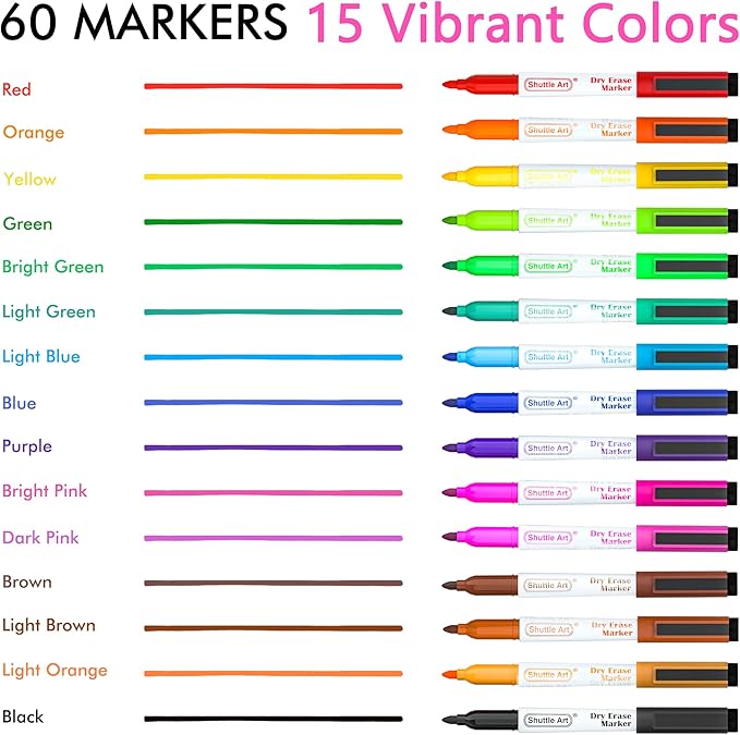 Dry Erase Markers, Shuttle Art 60 Bulk Pack 15 Colors Magnetic Whiteboard Markers with Erase, Fine Point Dry Erase Markers Perfect for Writing on Whiteboards, Glass, Mirror for School Office Home-DeskLoop Office