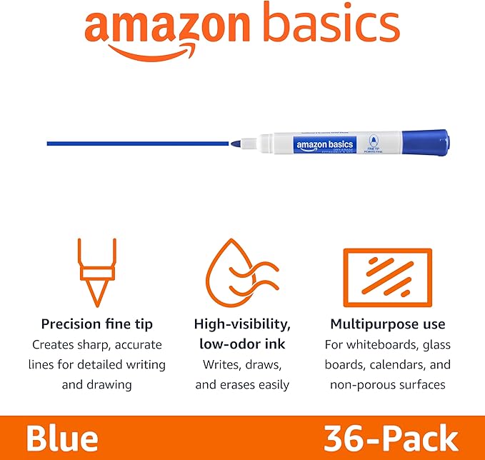 Amazon Basics Low-Odor Dry Erase Whiteboard Markers, Fine Tip, Blue, 36 Count-DeskLoop Office
