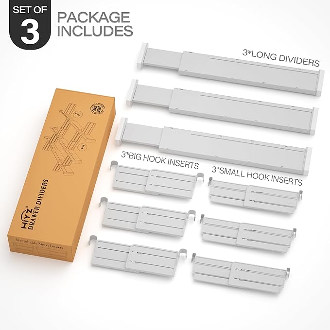 HiYZ Expandable Drawer Dividers with Inserts - Adjustable Drawer Organizers Separators for Kitchen, Bedroom, Dresser, Office, 3 Long Dividers(12.6-22.8 IN) with 6 Inserts(3.9-7.1 IN) - Gray-DeskLoop Office