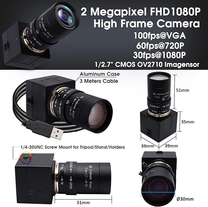 SVPRO 2MP USB Web Camera - 5-50mm 10X Optical Zoom Lens, CS Mount, 1080P HD CMOS, 100fps/60fps, UVC Mini Cam OTG, Drive Free PC Webcam-DeskLoop Office