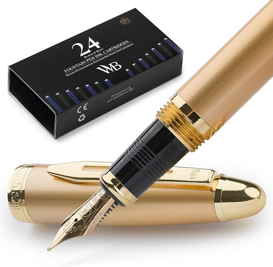 Wordsworth & Black Majesti Fountain Pen-(Gold), Luxury Case, 24K Gold Finish; 18K Gilded Medium Nib- Ink Cartridges, Refillable Ink Converter-Calligraphy Pen-Best Business Gift Set for Men & Women-DeskLoop Office