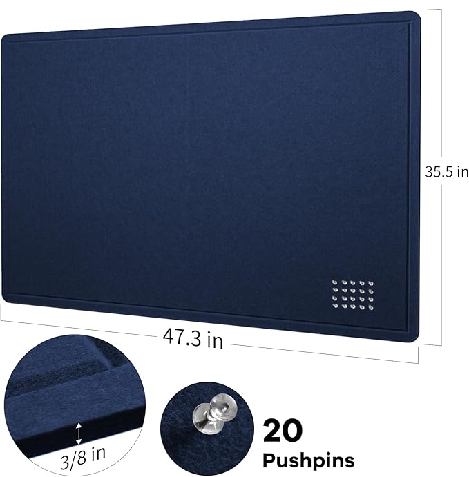 Large Bulletin Board - 48 x 36 Inches, Decorative Felt Pin Board for Wall - 4' x 3' Foldable Photo Display Board with Self-Adhesive Tape, Includes 20 Push Pins - Dark Blue-DeskLoop Office