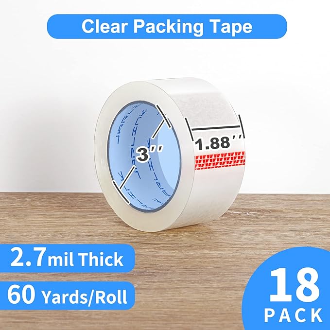 JARLINK Clear Packing Tape (18 Rolls), Heavy Duty Packaging Tape for Shipping Packaging Moving Sealing, 2.7mil Thick, 1.88 inches Wide, 60 Yards Per Roll, 1080 Total Yards-DeskLoop Office