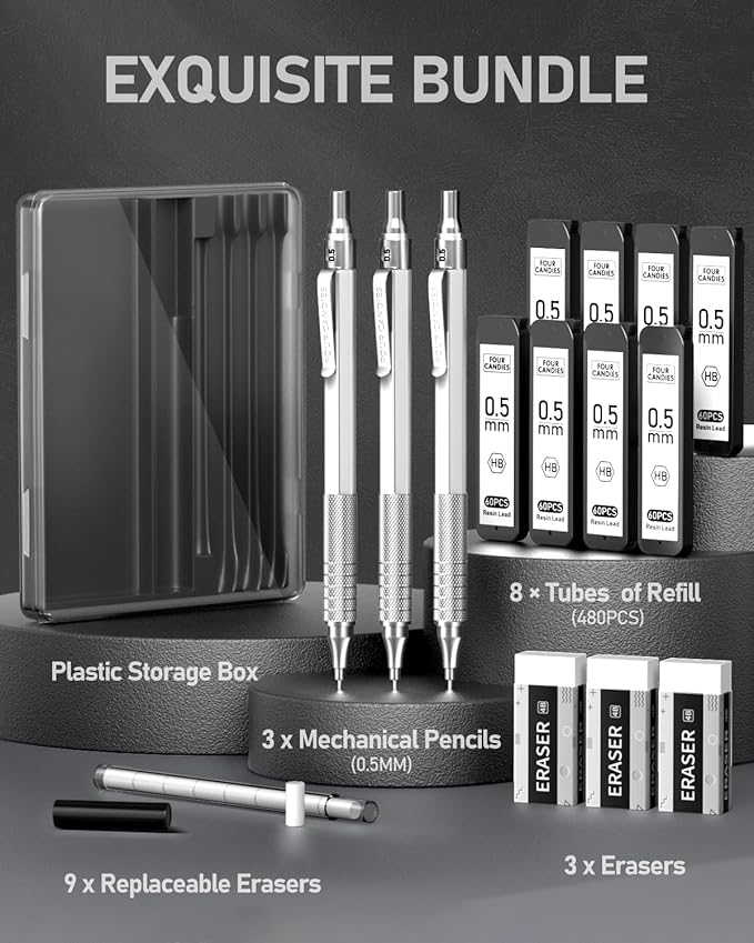 Four Candies 0.5mm Mechanical Pencil Set with Case, 3PCS Metal Artist Lead Pencil with 8 Tubes (480PCS) HB Lead Refills, 3 Erasers, 9 Eraser Refills For Engineer Art Writing Drawing Drafting, Silver-DeskLoop Office
