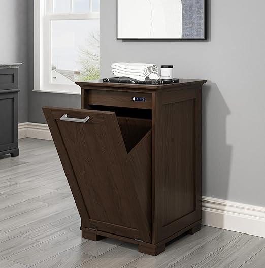 OLD CAPTAIN Wooden Tilt Out Trash Cabinet, Wooden Kitchen Garbage Can Free Standing Holder, Brown Finish-DeskLoop Office