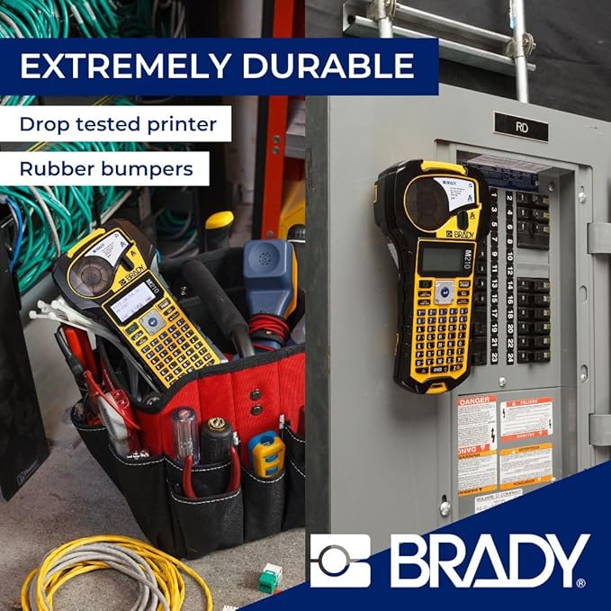 Brady M210 Portable Label Printer with Rubber Bumpers, Multi-Line Print, 6 to 40 Point Font (Replaces BMP21-PLUS Printer), Yellow/Black, 9.5 in H x 4.5 in W x 2.5 in D-DeskLoop Office