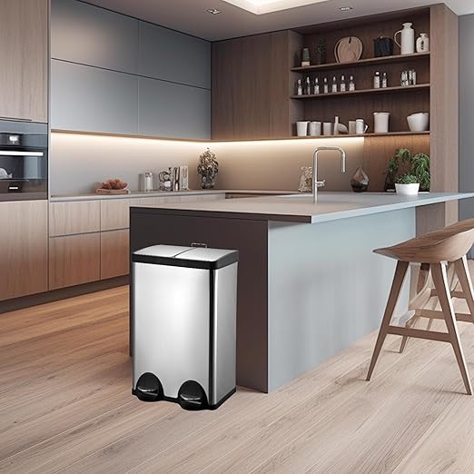 Dual Trash Can, 60 Liter/16 Gallon Dual Bin Trash Can with Lids, Kitchen Trash Can Dual Compartments, Trash and Recycling Bin Combo, Hands-Free Stainless Steel Kitchen Trash Can-DeskLoop Office