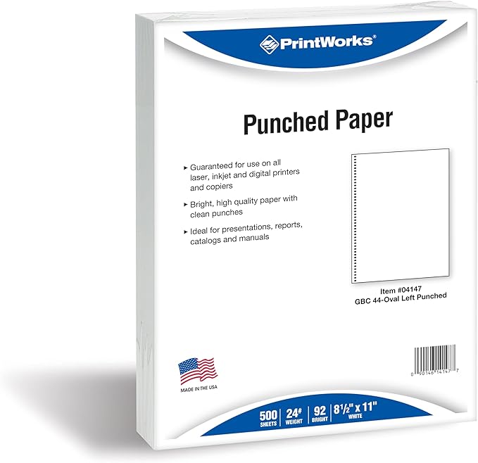 PrintWorks Professional Pre-Punched Spiral Binding Paper - 44-Hole (4:1 Pitch Hole Punch) - Book Binding Printer Paper - Made in the USA - 500 Sheets - 8.5" x 11" - 24 lb - 92 Bright White (04147)-DeskLoop Office