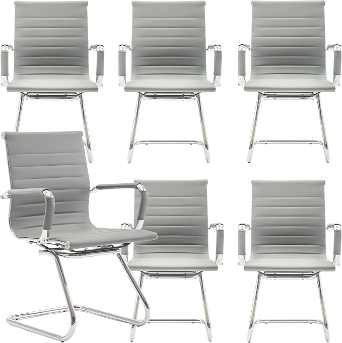 Office Desk Chair Set of 6,No Wheels PU Leather Computer Chairs Mid Back Guest Chairs with Seld Base for School/Reception/Conference/Waiting Room,Grey-DeskLoop Office