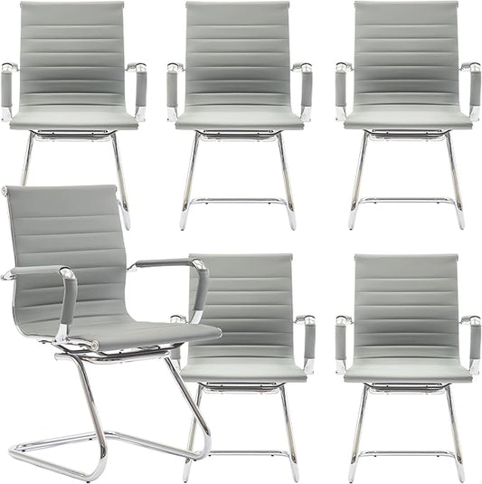 Office Desk Chair Set of 6,No Wheels PU Leather Computer Chairs Mid Back Guest Chairs with Seld Base for School/Reception/Conference/Waiting Room,Grey-DeskLoop Office