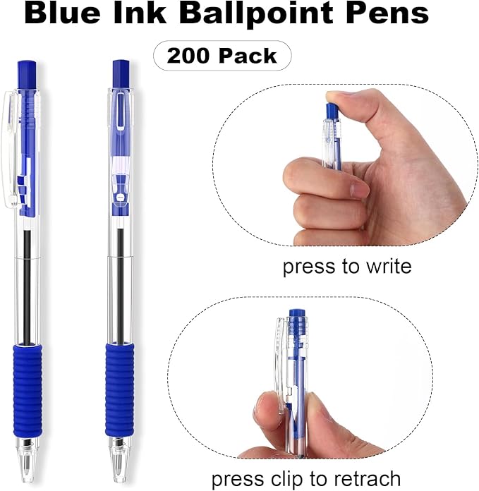 200 Pack Blue Gel Ink Pens Bulk, 1.0mm Retractable Click Point Ballpoint Pens Smooth Writing with Comfortable Grip for Back to School Office Classroom Business Home Work Supplies-DeskLoop Office