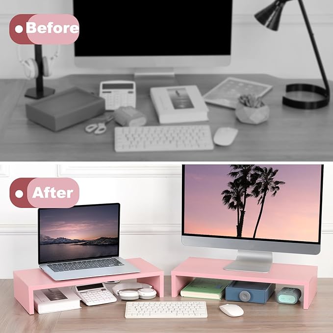 TEAMIX 2 Pack Pink Monitor Riser-20L inch, Cute Monitor Stand for Desk, Wood Sturdy TV/Screen/PC/Printer/Laptop Riser, Computer Shelf with Storage Desktop Organizer for Home Office-DeskLoop Office