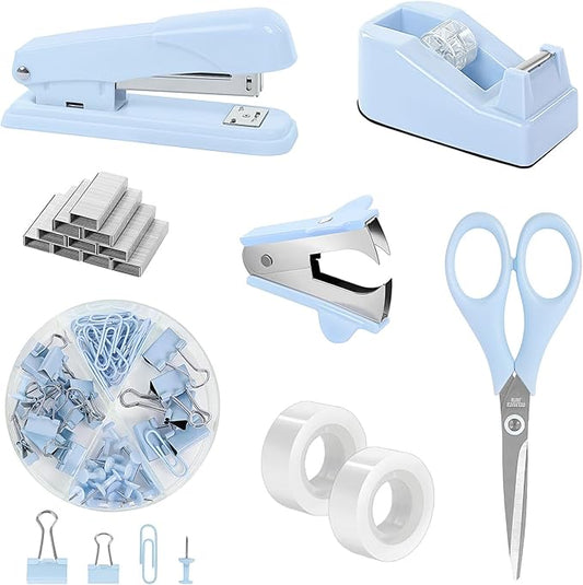 SKYDUE Blue Office Desk Accessories, Blue Office Supplies, Stapler, Tape Dispenser, Scissors, Clips and 1000pcs Staples,Desk Supplies for Women-DeskLoop Office