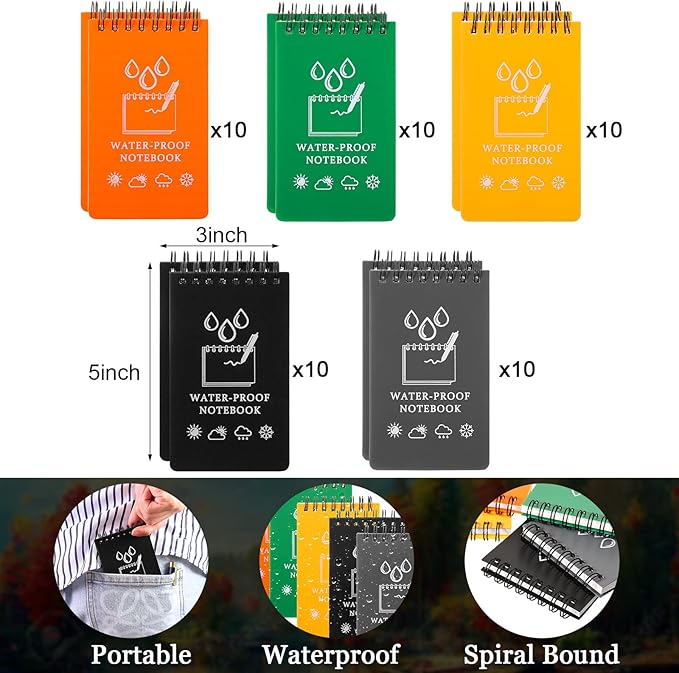 50 Pcs Waterproof Notebook Bulk, 5 x 3 Inch Pocket Notepad Top Spiral Memo All Weather Police Notebook Tactical Journal Writing Note Pad for Outdoor Activities Recording, Black Gray Blue Yellow Orange-DeskLoop Office