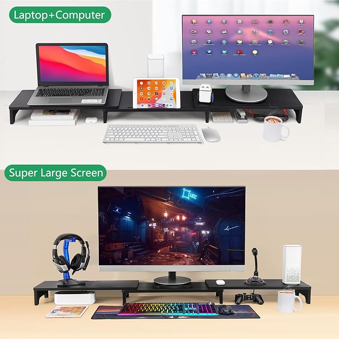 Nnewvante Monitor Stand Riser, 60 inch Large Bamboo Dual Monitor Stand for Desk, 3 Shelves Desktop Screen Riser with Adjustable Length Angle for Computer Laptop PC,Black-DeskLoop Office