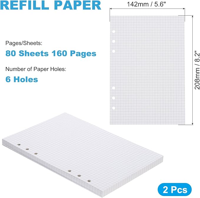 PATIKIL A5 Grid Refill Paper 6-Ring Binder Loose Leaf Planner Filler Paper Planner Inserts, 160 Sheets/320 Pages, Lined-DeskLoop Office