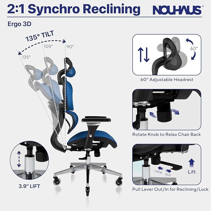 Nouhaus Ergo3D Ergonomic Office Chair Lumbar Support Mesh Office Chair with 4D Adjustable Armrest, Adjustable Headrest and Wheels, Mesh High Back Home Office Desk Chairs(Blue)-DeskLoop Office