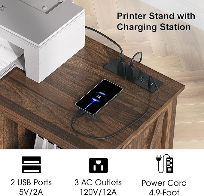 Printer Stand with Storage,File Cabinet with Socket and USB Charging Port,Farmhouse Paper Shredder Stand Rack with Slide-Out Shelf,Walnut-DeskLoop Office