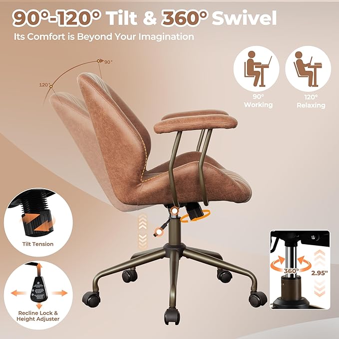 ovios Ergonomic Home Office Chair, Mid-Century Modern Faux Leather Chairs with Padded Armrests, Comfy Mid Back Swivel Rolling Executive Computer Armchair (Brown, Suede Leather)-DeskLoop Office