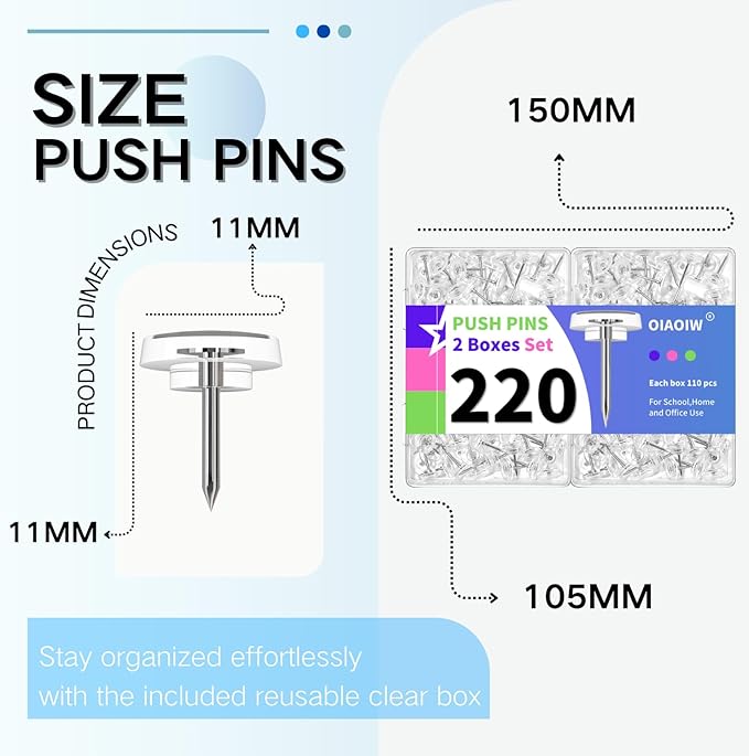 220 PCS Flat Clear Push Pins for Wall Thumb Tacks for Walls Flat thumbtacks Push pin for Bulletin Board Shadow Box Display Thumbtack for Cork Board (2 Boxes Clear)-DeskLoop Office