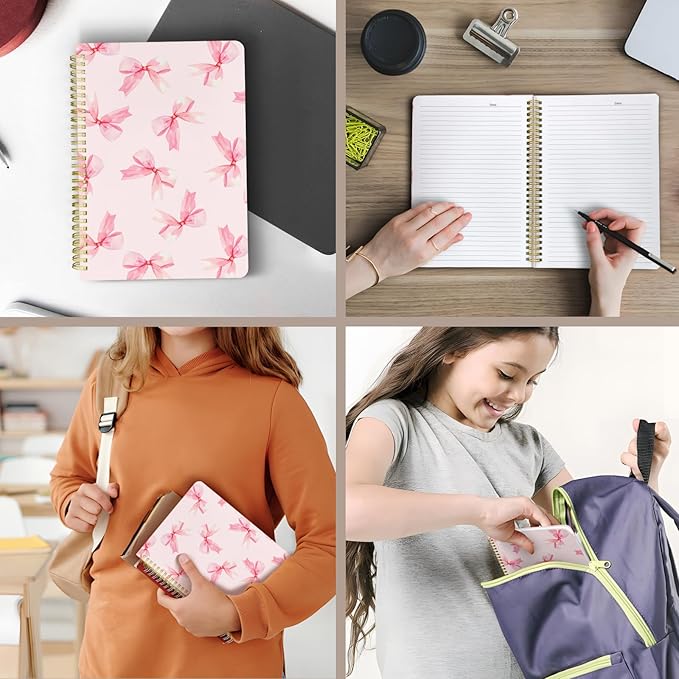 Cute Spiral Notebook journal B5 Aesthetic Pretty Design for Women Girls Kawaii with Pocket, 10 x 7.2 inch, Lined, Bow Tie-DeskLoop Office