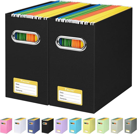 BALEINE File Organizer Box, Cardboard File Folder Organizer with Handle for Letter Size, Portable Collapsible Hanging Filing Box for Home Office Document Storage (2 Pack, Black)-DeskLoop Office