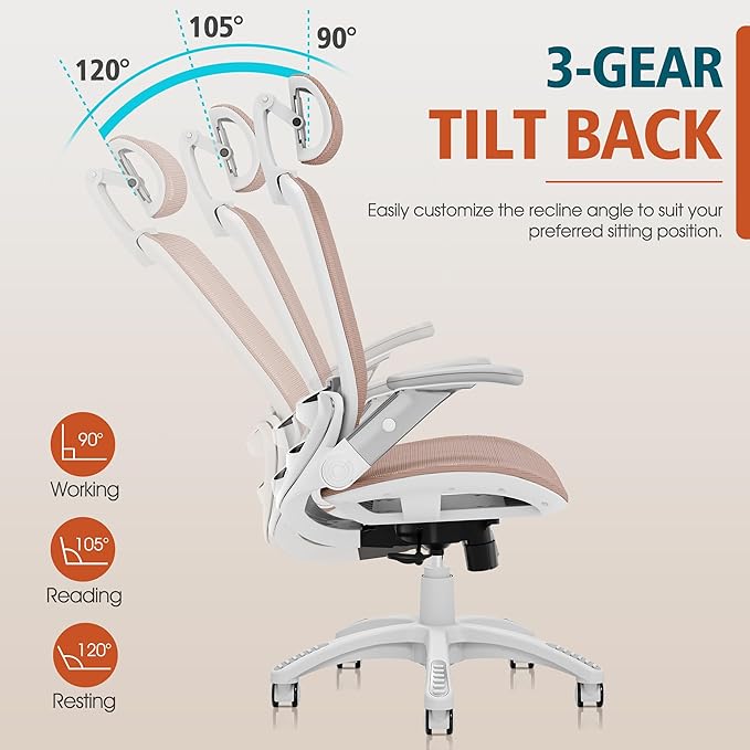 GABRYLLY Ergonomic Office Chair, High Back Home Desk Chair with Headrest, Flip-Up Arms, 90-120° Tilt Lock and Wide Cushion, 400LBS Mesh Chairs for Man Woman, White Task Chair(Pink,GY01WPK)-DeskLoop Office