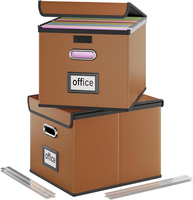 Huolewa File Organizer Boxes with Lids, Collapsible Faux Leather Hanging File Folder Box Organizer with Plastic Slide, Decorative Home/Office Filing System Boxes for File and Folders Storage-DeskLoop Office