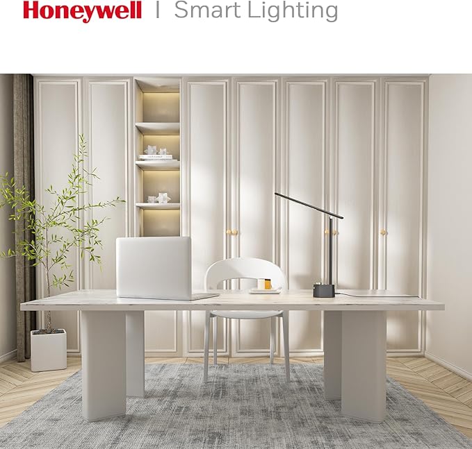 Honeywell Sunturaluxโข LED Desk Lamp with USB Charging Ports HWT-H01 - Stepless Dimmable Eye Caring Desk Light for Home Office Bedroom Bedside College Dorm, Foldable Table Lamp Reading Lamp Black
