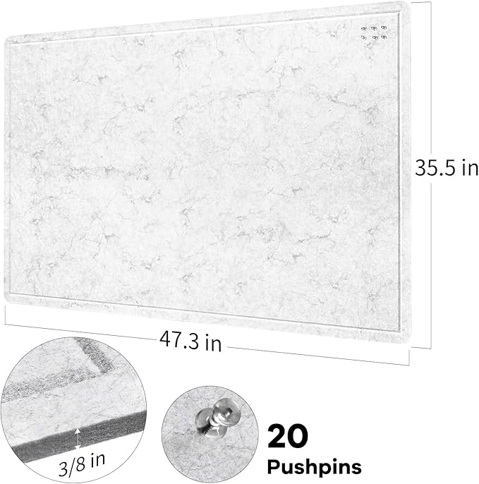 Large Bulletin Board - 48 x 36 Inches, Decorative Felt Pin Board for Wall - 4' x 3' Foldable Photo Display Board with Self-Adhesive Tape, Includes 20 Push Pins - Marble White-DeskLoop Office