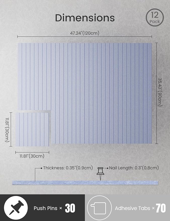 Bumusty Large Cork Board Alternative-47 x35 Felt Bulletin Board Tiles, with 30 Pushpins, 70 Adhesive Tabs, 12-Pack Slat Wall Paneling, Cork Boards for Office Push Pin Board Felt Board-Soft Periwinkle-DeskLoop Office