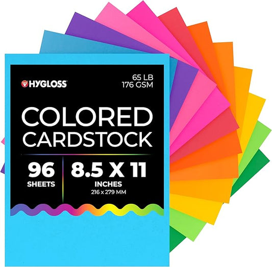 Hygloss Bright Colored Cardstock - 8.5x11-Inch, 12 Assorted Colors, 96 Sheets, 65 lb/ 176 gsm, Fade-Resistant, Acid-Free Color Card Stock Paper-DeskLoop Office