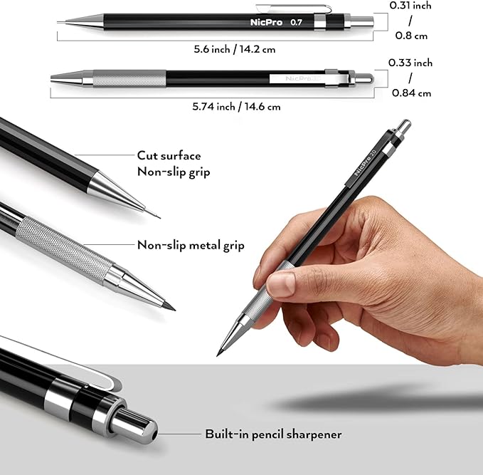 Nicpro 20PCS Black Metal Mechanical Pencil Set in Leather Case, 0.3, 0.5, 0.7, 0.9 mm & 2mm Lead Pencil Holders, (4B 2B HB 2H) Lead Refills (Black & Colors), Erasers For Art Drafting Sketching Drawing-DeskLoop Office