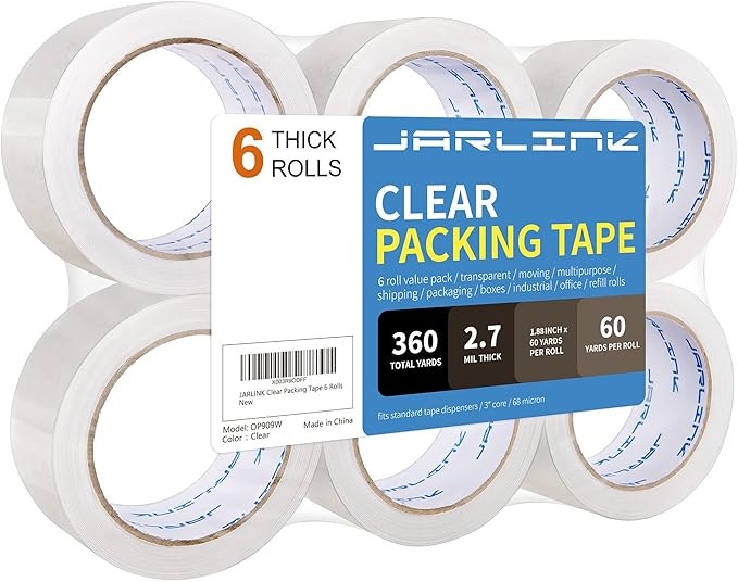 JARLINK Clear Packing Tape (6 Rolls), Heavy Duty Packaging Tape for Shipping Packaging Moving Sealing, 2.7mil Thick, 1.88 inches Wide, 60 Yards Per Roll, 360 Total Yards-DeskLoop Office