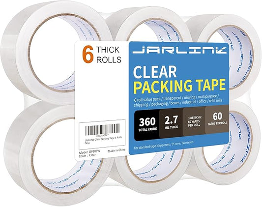 JARLINK Clear Packing Tape (6 Rolls), Heavy Duty Packaging Tape for Shipping Packaging Moving Sealing, 2.7mil Thick, 1.88 inches Wide, 60 Yards Per Roll, 360 Total Yards-DeskLoop Office