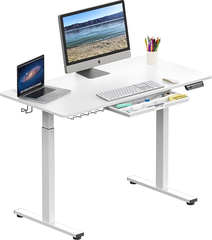 SHW 48-Inch Electric Height Adjustable Standing Desk with Drawer, Memory Preset and Cable Management Tray, White-DeskLoop Office