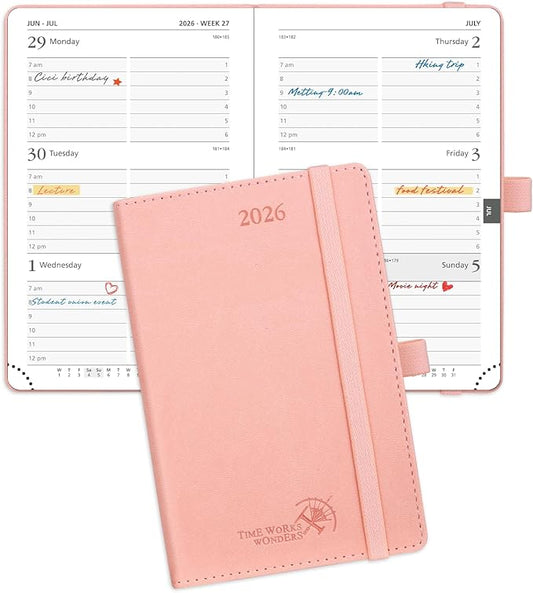 POPRUN Pocket Calendar 2026 (Small Size- 4'' x 6.25") Weekly and Monthly for Purse - Planner 2026 (Jan. 2026 - Dec. 2026) with Vegan Leather Soft Cover, Plastic Ruler, Pen Holder and More - Pink-DeskLoop Office