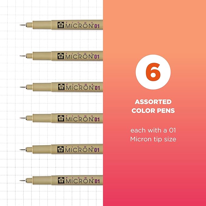 SAKURA Pigma Micron Fineliner Pens - Archival Black & Colored Ink Pens - For Writing, Drawing, or Journaling - Black & Assorted Colored Ink - 01 Point Size - 6 Pack-DeskLoop Office