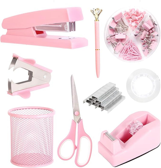 Pink Desk Accessories, Pink Office Supplies Set with Stapler, Tape Dispenser, Staple Remover, Pen Holder, Scissor, Binder/Paper Clips, Ballpoint Pen, Clear Tape and 1000pcs Staples-DeskLoop Office