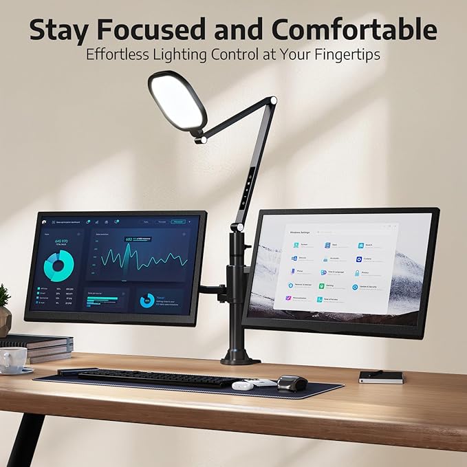 Desk Lamp for Computer Monitor Arms, Compatible with 1.18-1.38 inch Diameter Pole-Mounted Dual Monitor Stand, 1200LM Dimmable Desk Light with Remote Control, 31" Tall, CRI 95, Timer-DeskLoop Office