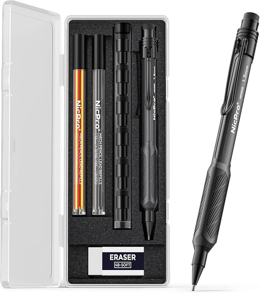 Nicpro 1.3mm Weatherproof Mechanical Pencil Set, HD1000 Metal Mechanical Pencils Heavy Duty Pencil for Outdoor All Weather Marking Drafting Drawing with 25 Lead Refills, Erasers, Case (Black)-DeskLoop Office
