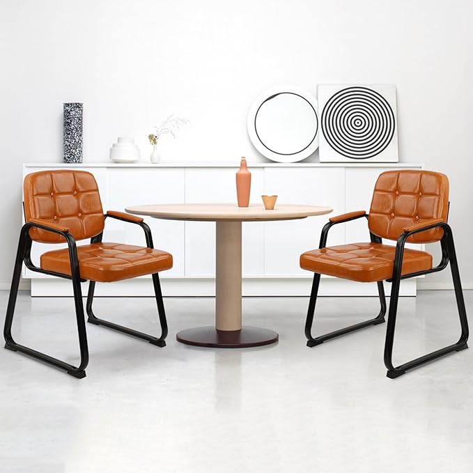 CLATINA Office Guest Chair, Leather Reception Chairs with Padded Arms, Desk Chair No Wheels Stationary for Conference Lobby Waiting Room Training Side Elderly, Set of 8-Orange-DeskLoop Office