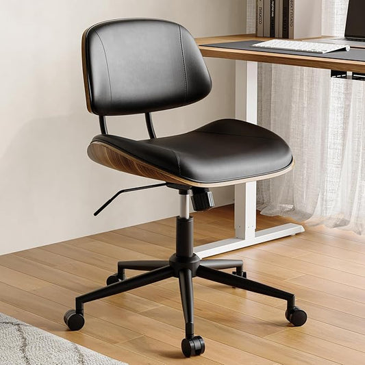Armless Office Chair with Wheels, PU Leather Adjustable Height Desk Chair - 360° Swivel Ergonomic Computer Chair for Small Space, Modern Walnut Style, Home & Meeting Room, Black-DeskLoop Office